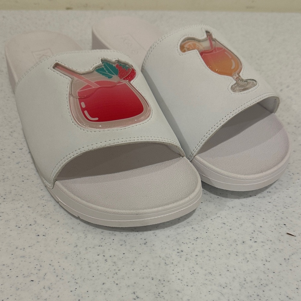 Keds Bliss Cocktail White Slide Sandals with Colorful Drink Patches